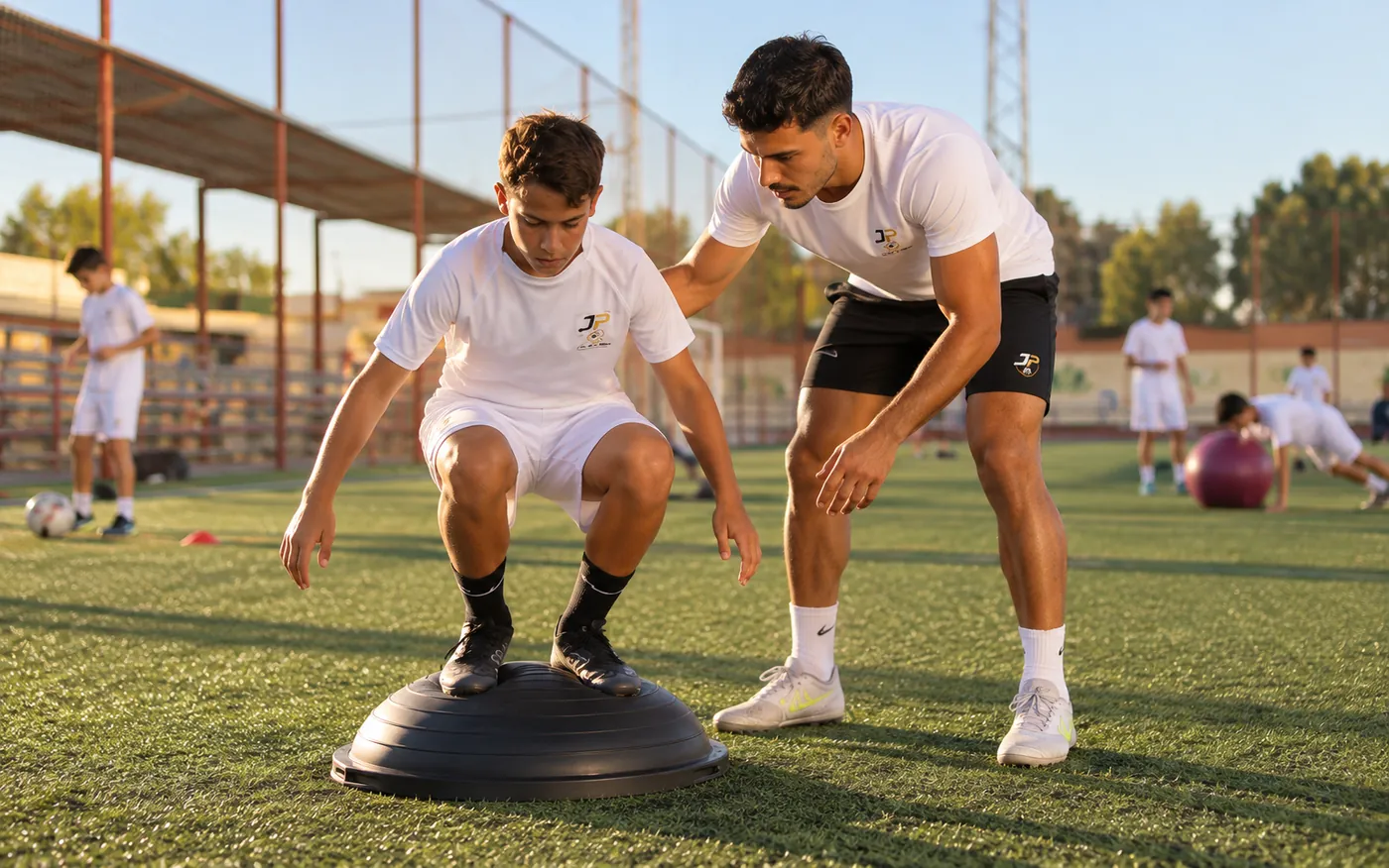 Preparador físico guiando un ejercicio de equilibrio