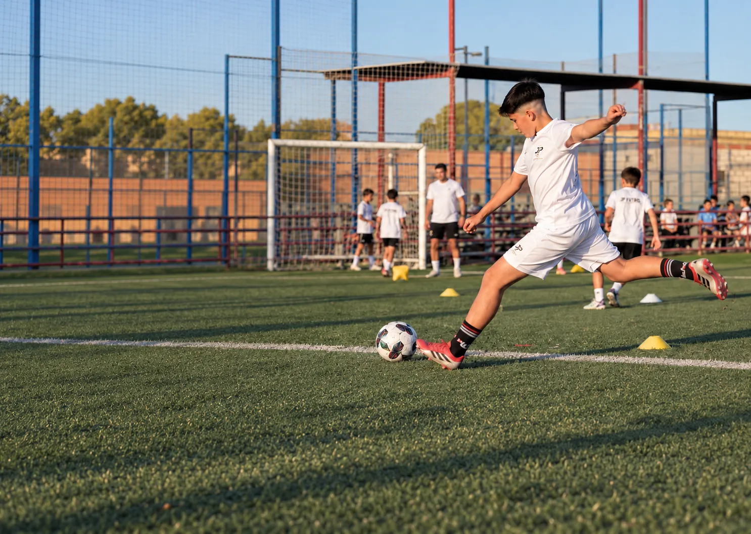 Futbolista de JP Fútbol golpeando el balón durante una sesión de tecnificación